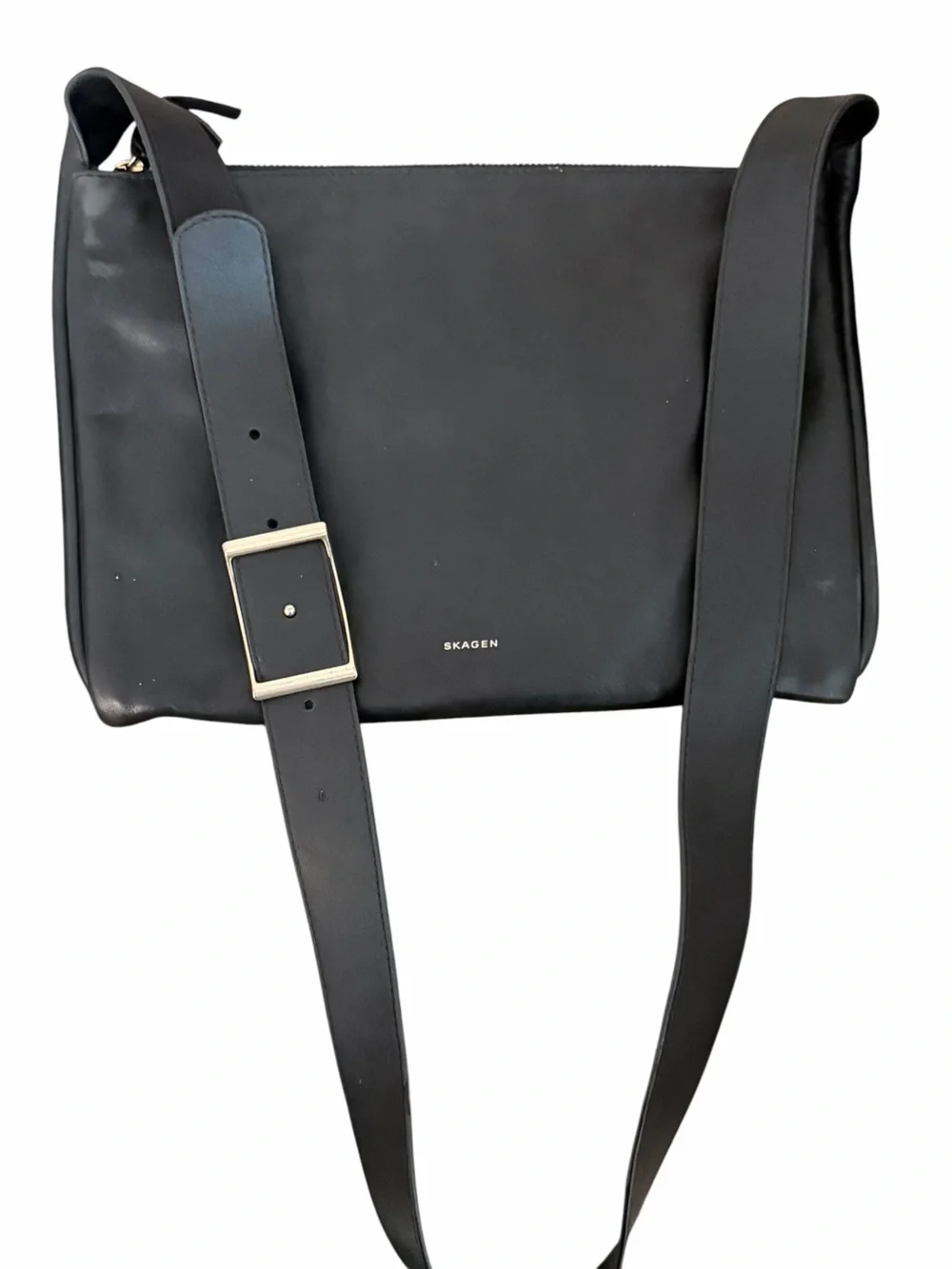 Skagen Black Leather Messenger Bag with Gold Buckle